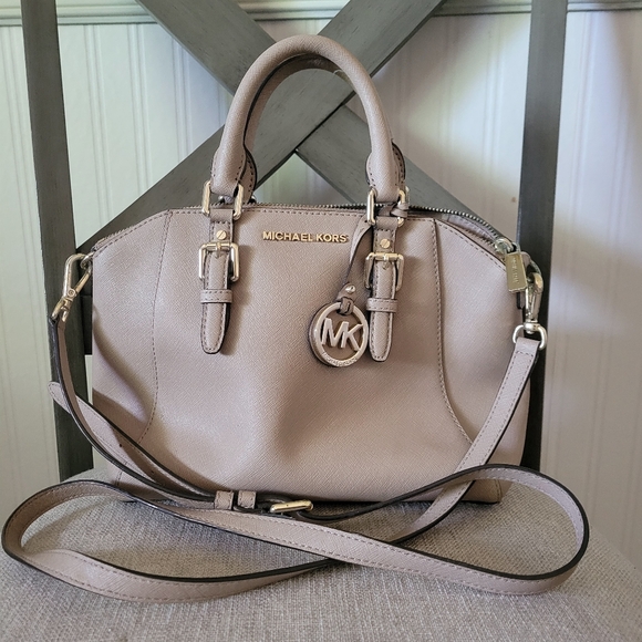 Michael Kors Ciara Taupe Tan Satchel Cross Body Handbag Purse Handles Buckles - Picture 4 of 10